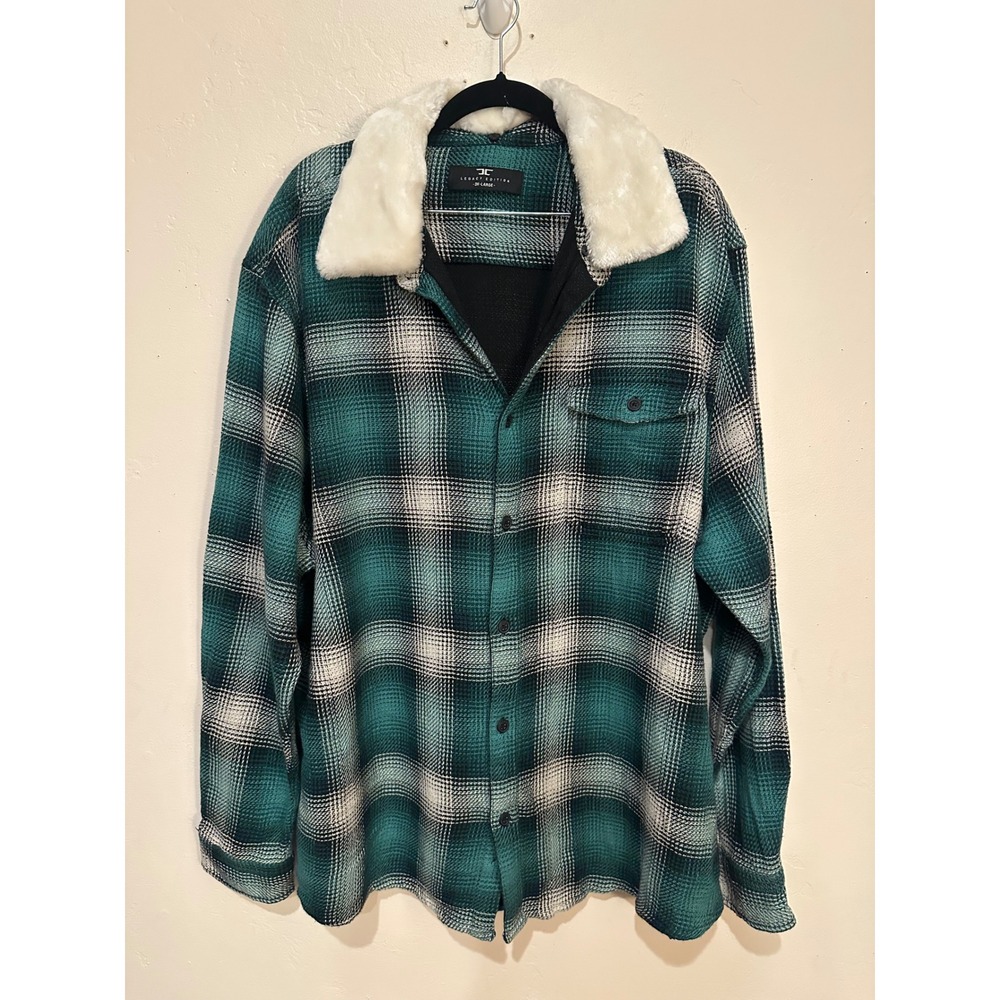 Jordan Craig Legacy Edition Mens Green Plaid Flannel Shirt Faux Fur Collar